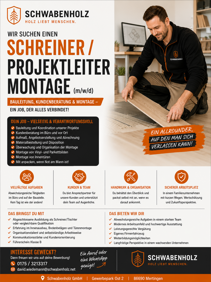 Stellenanzeige Schreiner / Projektleiter Montage (m|w|d)